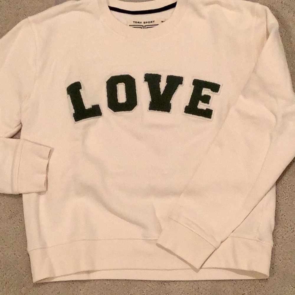 Ladies Tory Burch off white tennis LOVE varsity sweatshirt .
